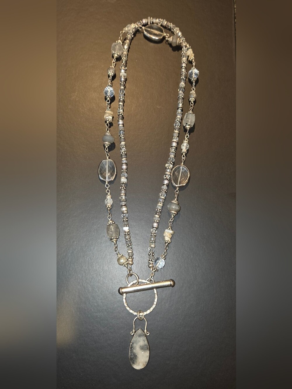 Silver Crystal Toggle Necklace with Druzy Pendant